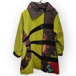 Lepards & Roses Canvas & Fleece Lined Jacket With Zipper Size Large Green Multi